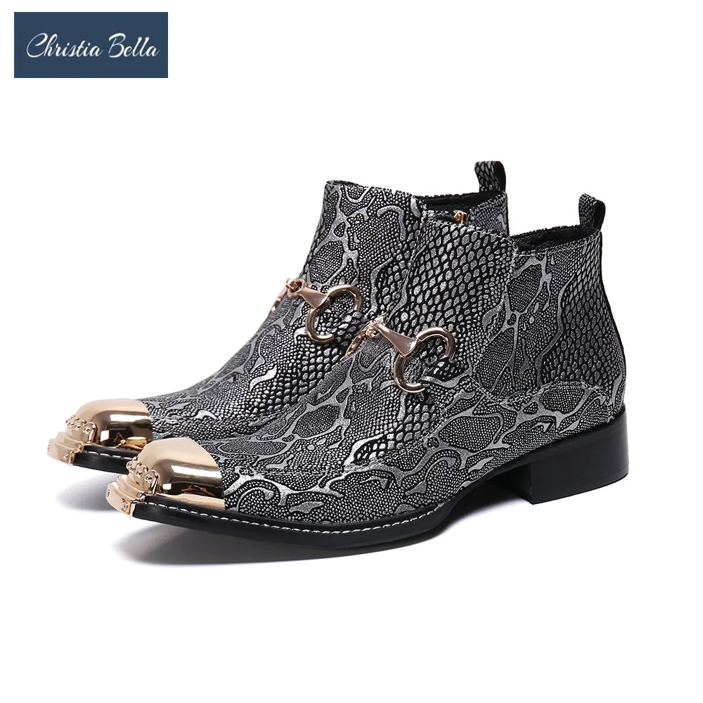 

Christia Bella New Fashion Silver Gold Snakeskin Men Party Boots Genuine Leather Ankle Boots Male Square Toe Cowboy Zip Boots