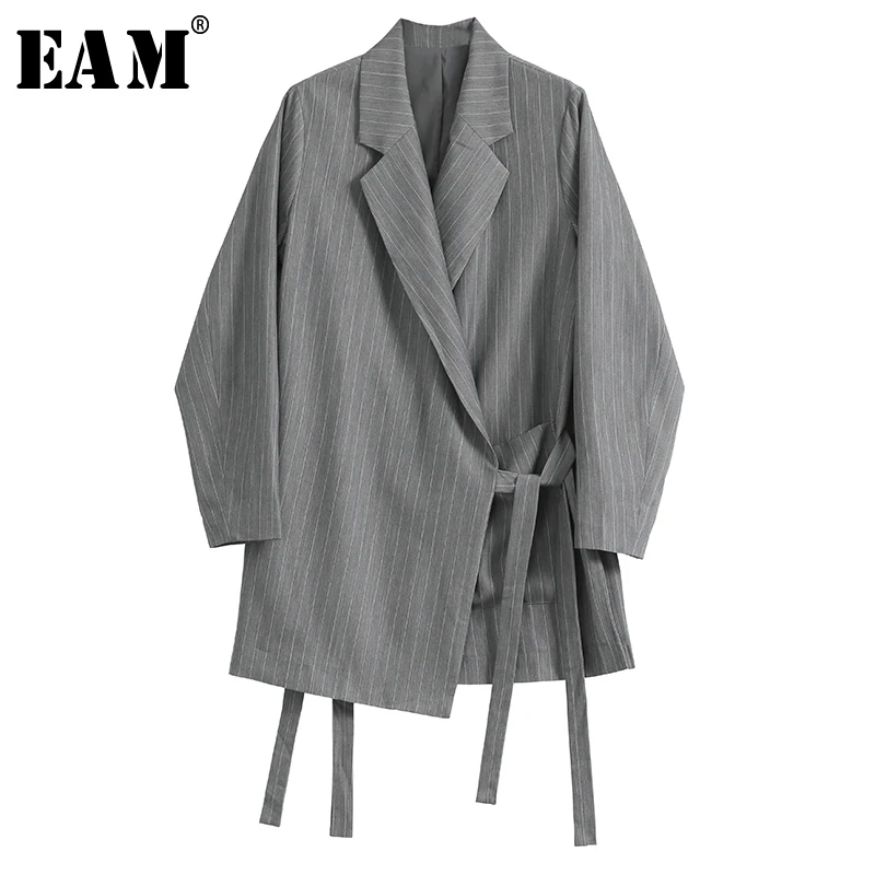 

[EAM] Women Gray Striped Bandage Temperament Blazer New Lapel Long Sleeve Loose Fit Jacket Fashion Spring Autumn 2020 1R966