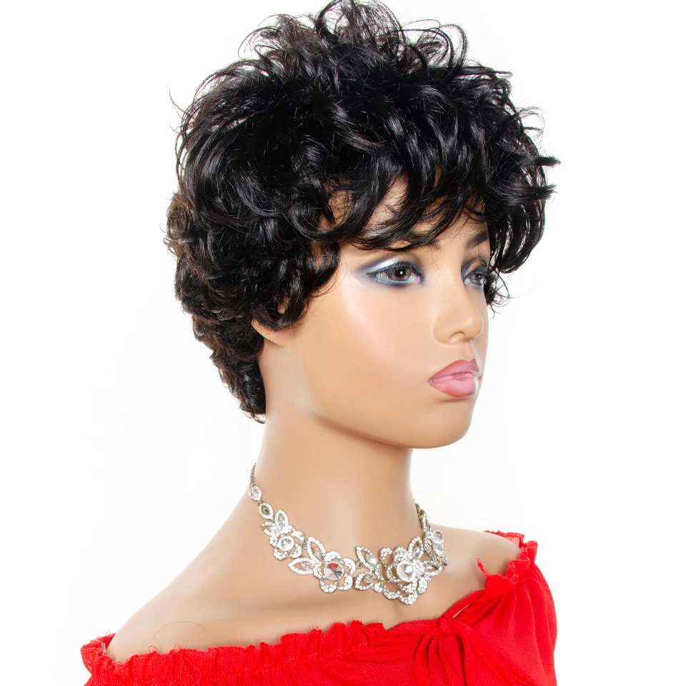 Short Human Hair Wigs Pixie Cut Wig With Bangs Brazilian Loose Curly Full Machine Made Wigs For Women Remy Hair 0051