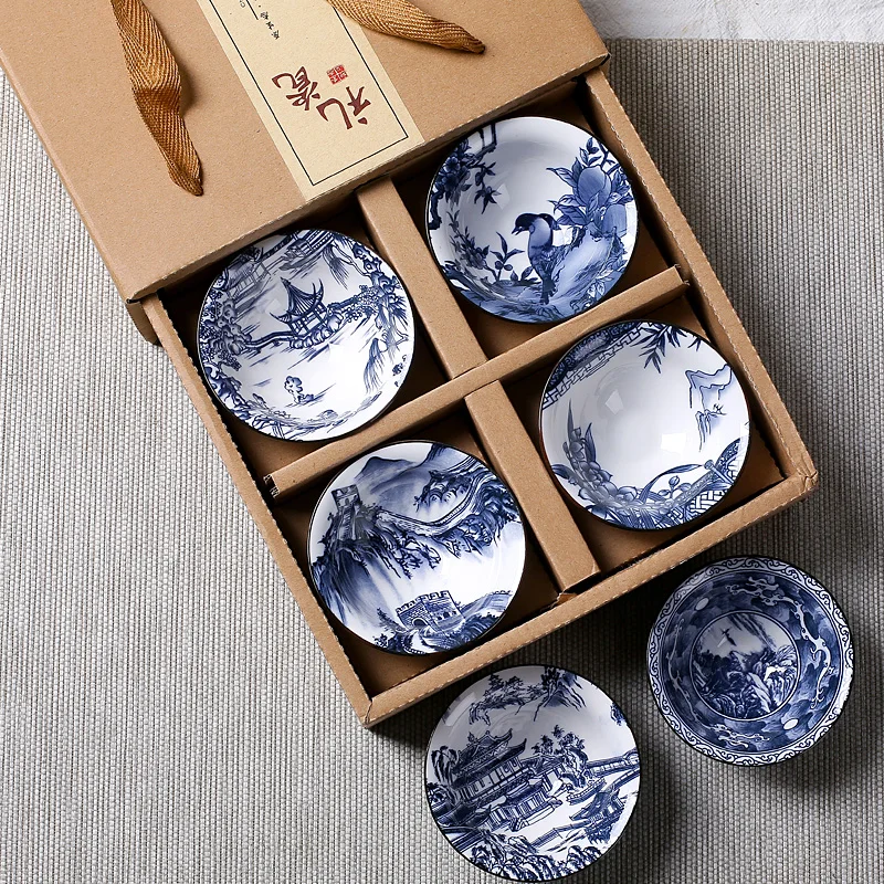 6 шт. Высокая белая синяя и белая чашка, Глазированная керамика, чайные чашки кунг-фу, чайные чашки в китайском стиле, чайные аксессуары, кружка для Пуэра, набор