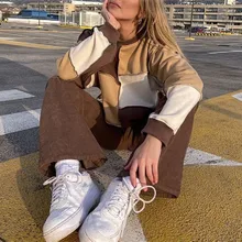  Casual Loose Pullover Tops Color Block Reverse Trim Long Sleeve Round Neck Patchwork Wild Female Autumn Leisure Sweatshirts 