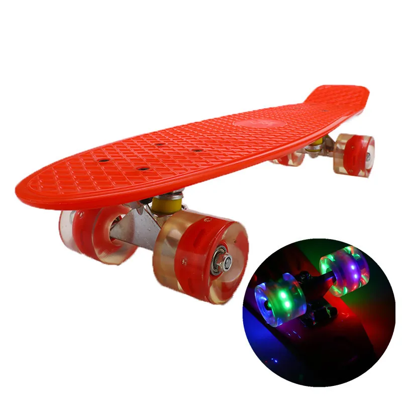 22 дюймов скейт доска мигающий свет мини-Крузер скейтборд пластик Лонгборд банан Рыбная доска Уличный спорт для девочек и мальчиков - Цвет: Красный