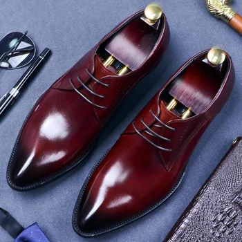 

2019 Italian Spring Autumn Men Formal Wedding Shoes Genuine Cow Leather Lace Up Party Man Black Wine Red Dress Shoes