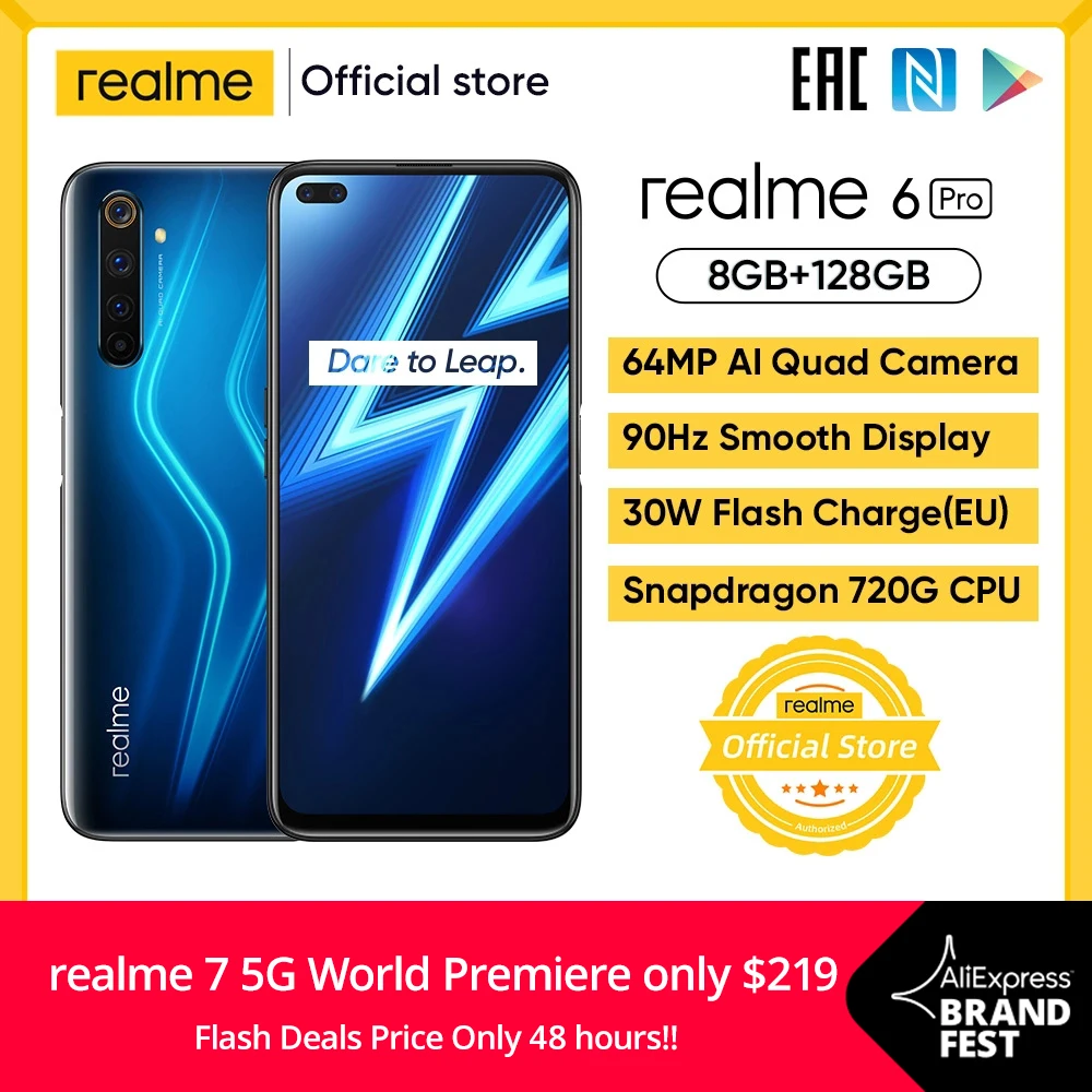 Realme 6 Pro смартфон inch 8 Гб Оперативная память 128 Встроенная Snapdragon 720G телефон 4200 мА/ч