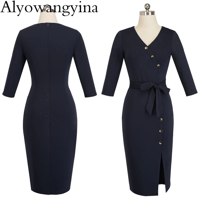 Alyowangyina, винтажная Женская мода, цветочный узор, цвет, Сплит, одежда для работы, с поясом, Vestidos, деловое женское офисное платье, RB464