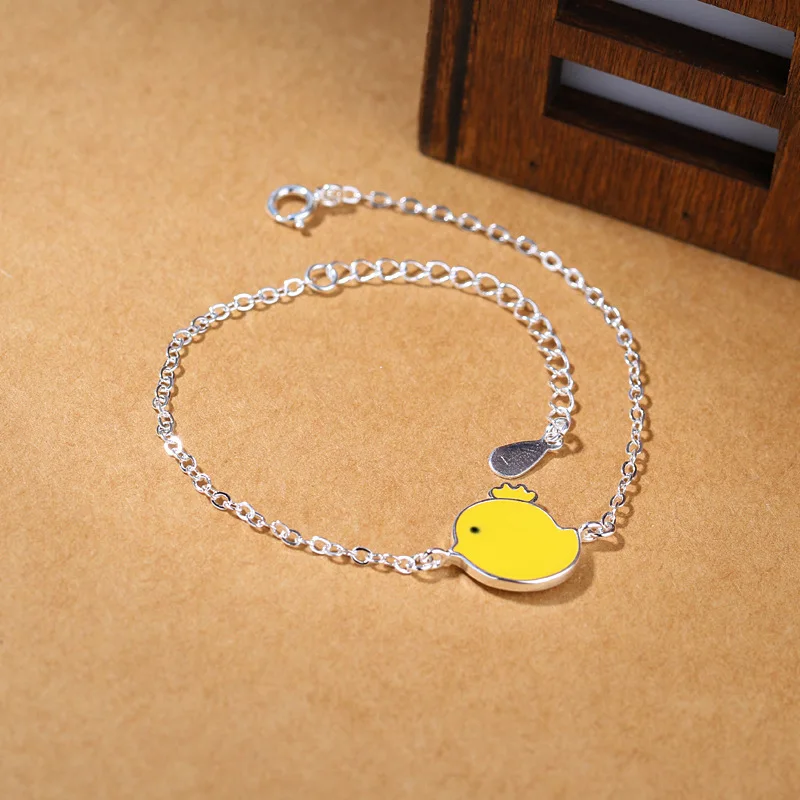 

925 Sterling Silver Small Yellow Chicken Bracelet Simple Sweet And Beautiful Jewelry For Women Party Accessories