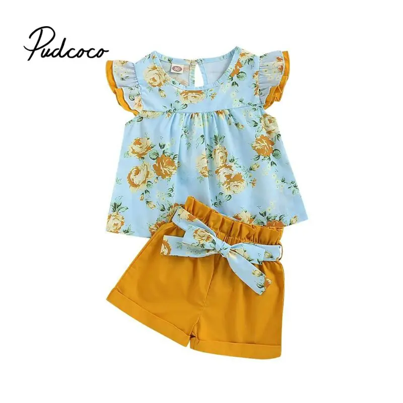 

2020 Kid Baby Short Sleeve Tops Ruffles Blouse Girls Short Trouser Suit Shorts 2pcs Casual Outfit Clothes Children Summer Sets