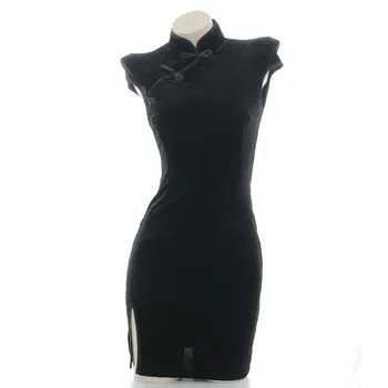 

Japanese Classical Split Dark Black Cheongsam Nightdress Girls Student Sleeveless Solid color Sexy Pajamas Homewear Cosplay