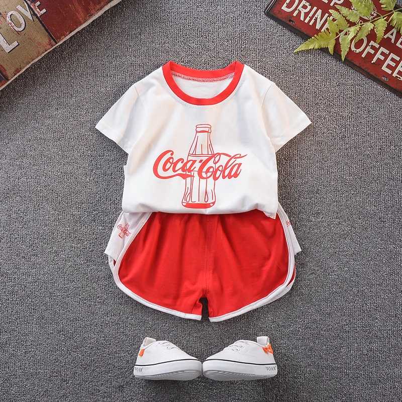 Модные летние детские хлопковые футболки Cola Короткие комплекты одежды из 2