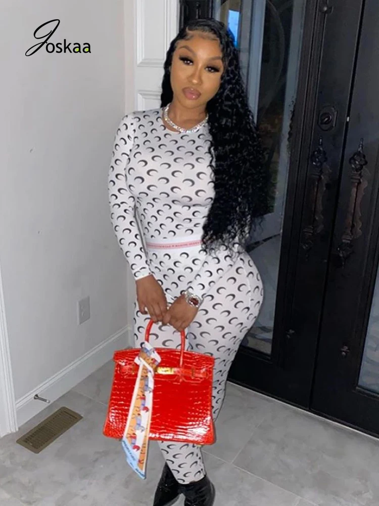 

Joskaa Women Casual Skinny Set Long Sleeve Slim O-neck Printing Cute Pattern Crop Top Elastic Legging Pencil Pants Two-piece Set