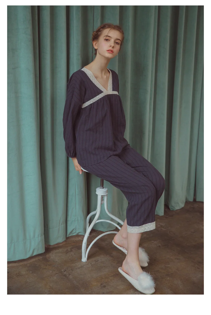 Cotton Palace Style Night Suit Princess Pajama Set Night Wear Women Vintage Navy V-neck Sleep Wear Home Suit Lounge Set