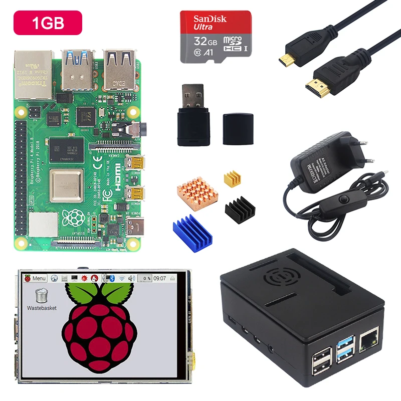 Raspberry Pi 4 Модель B + 3,5 дюймовый сенсорный экран + акриловый чехол + блок питания + sd-карта + радиатор для Raspberry Pi 4B