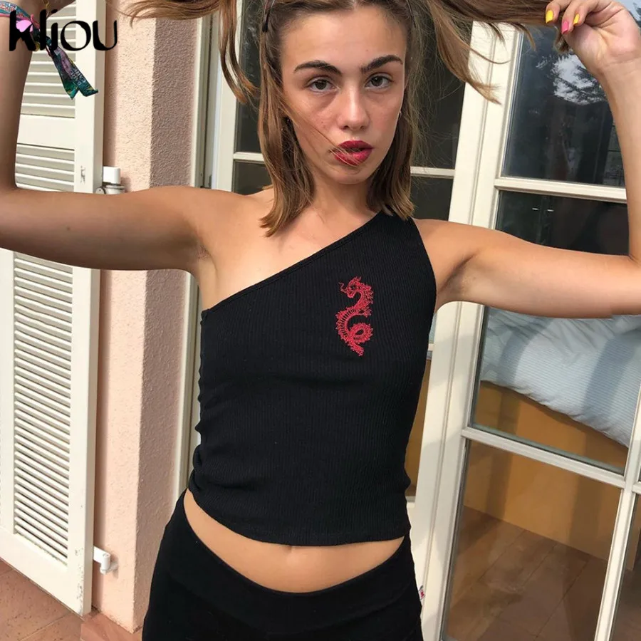 Kliou, женская сексуальная черная крутая майка на одно плечо, майка без рукавов с вышивкой дракона, Пляжная укороченная майка