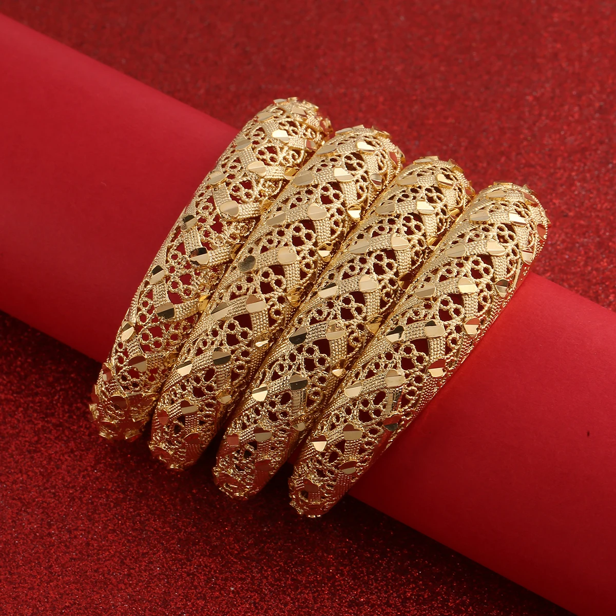 4pcs Hollow Pattern Heart Bangles Cuff Vintage Ethnic Women Ramadan Jewelry