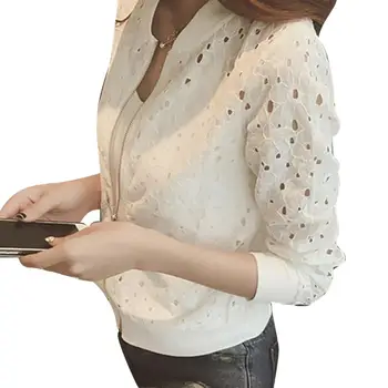 

Autumn Fashion Women Solid Color Hollow Out Lace Jacket Long Sleeve Zip Up Coat