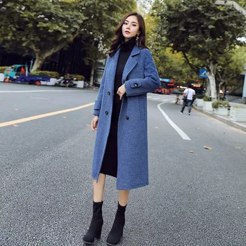 

Women Winter 2019 Coats Autumn and Winter Coat New Classic Blue Large Size Wool Coat Thick Long Coat Female
