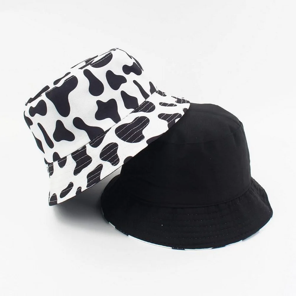 New Fashion Women Cute Cow Panda Print Outdoor Double Sided Reversible White Black Bucket Cap Sun Hat For Women Gorras 3 Styles