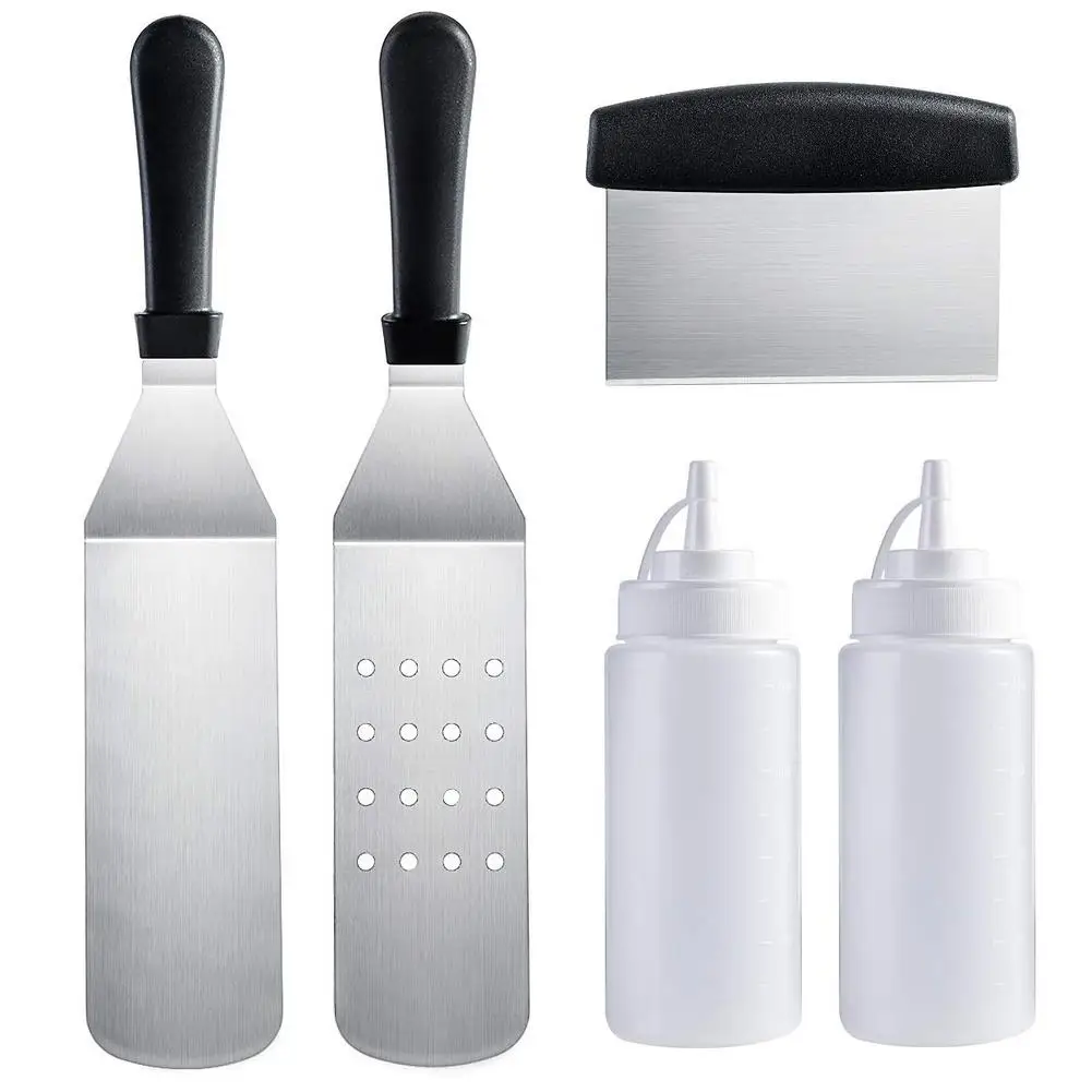 2 Condiment Dispensers Professional Grade Stainless Steel 5 Piece BBQ Grill and Griddle Tool Kit from E-Z Grip Perfect for both Outdoors and Indoors 2 Spatulas 1 Chopper