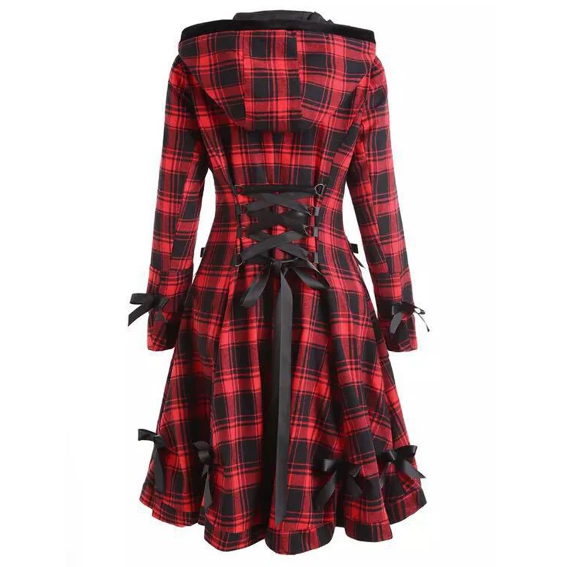 Wipalo/осенне-зимний Тренч в готическом стиле, винтажное длинное пальто в красно-черную клетку с завязками на спине и поясом, однобортное пальто с капюшоном