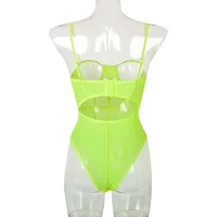 Neon Green Mesh Transparent BodySuit Sexy Women’s Backless Striped Sleeveless Overalls Party Fashion Spaghelti Strap Rompers New 1