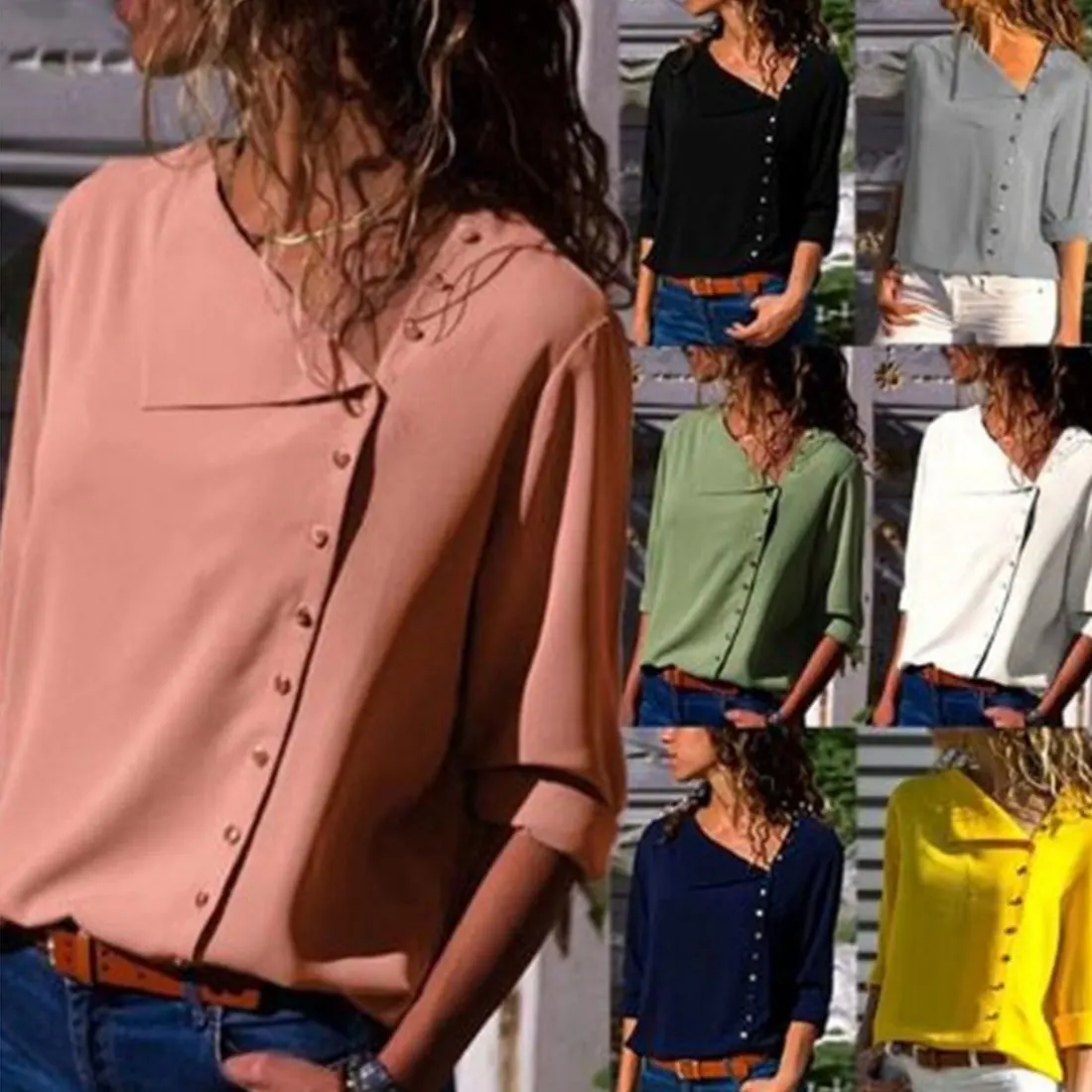 

Women 's Autumn Fashion Button Irregularly Collared Long-sleeved Blouse Shirt 7 Color Blouse