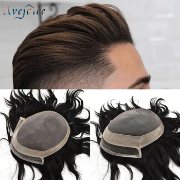 

Fine Mono & PU Mens Toupee with Natural Lace Frontline Men Hairpieces Remy Human Hair Replacement System For Men Avejoice