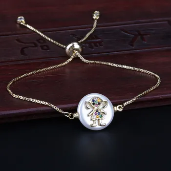 

5pcs/lot tiny child kid image on flat round pearl connector mix color cz paved charm gold dainty link bracelet for woman