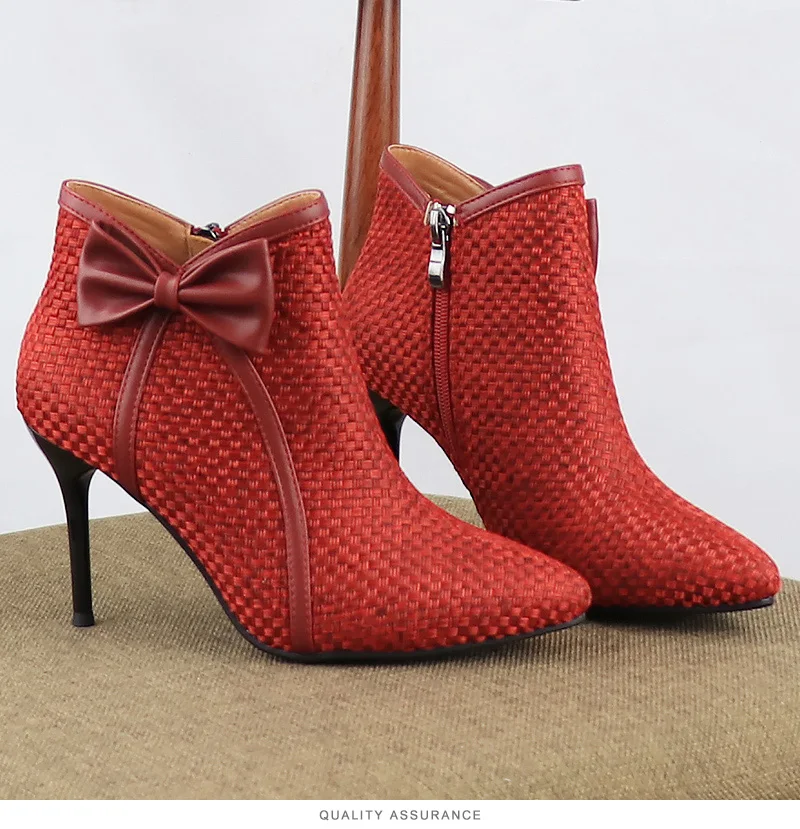 Women Ankle Boots 2021 New Fashion Woven Bow Ladies Shoes Thin High Heels Female Spring Autumn Zipper Blue Black Gray