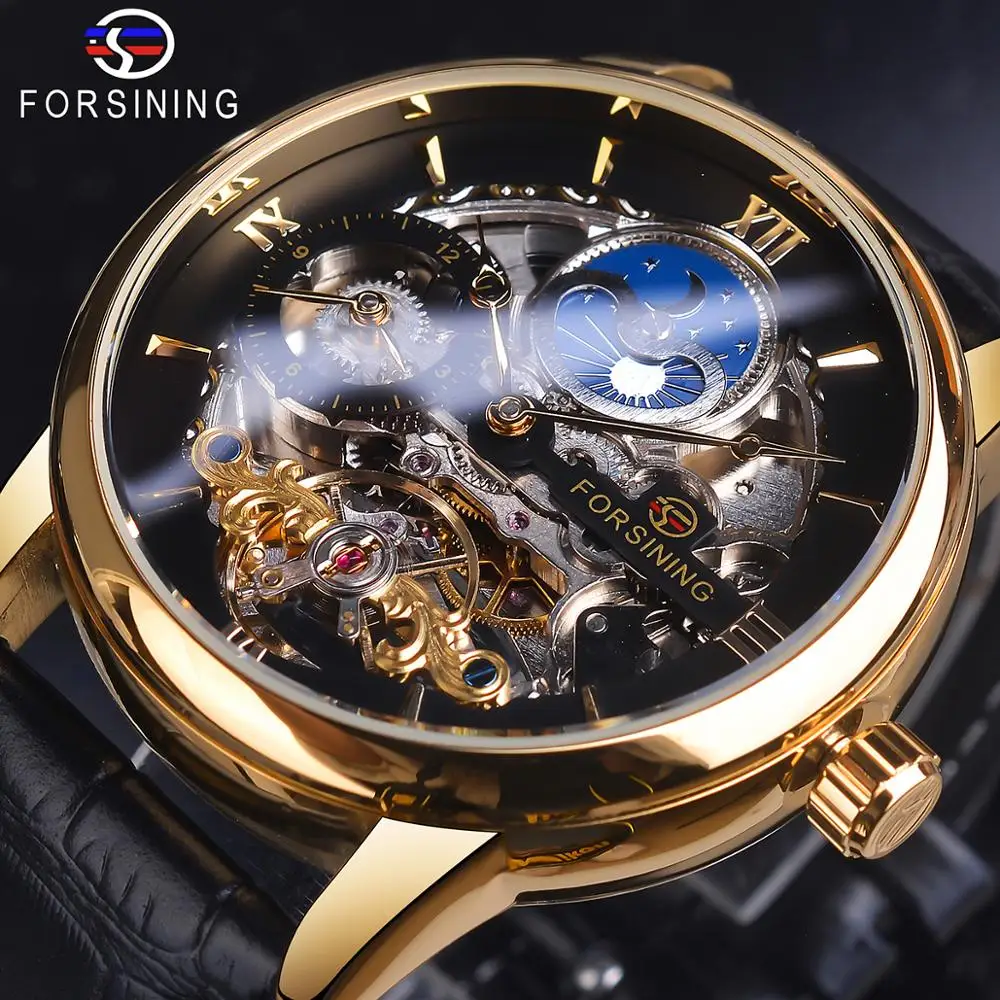 Forsining Skeleton Watches Black Golden Dual Time Zone Mechanical Automatic Watch Moon Phase Waterproof Tourbillon Sport Clock ideal knight tourbillon movement watches for men two location time display skeleton hollow waterproof men s watch blue earth