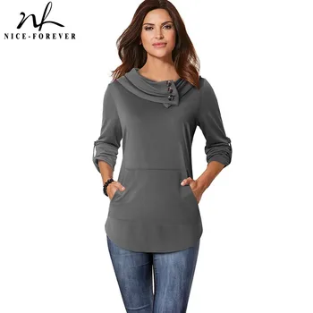 

Nice-Forever Casual Solid Color with Button t-shirts Women Autumn Tees tops T046