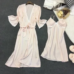 Women Robe Gown Sets 2 Pieces Spring Summer Silk Solid Color Nightdress Female Sleepwear Soft Homewear With Chest Pads