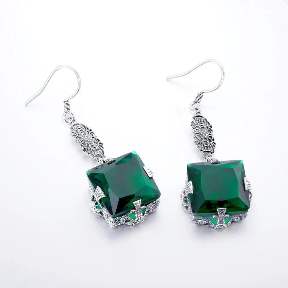

Drop Earrings For Women Sterling Silver Jewelry Vintage Flower With Green Emerald Gems Earring Classic Elegance Luxury Jewelry