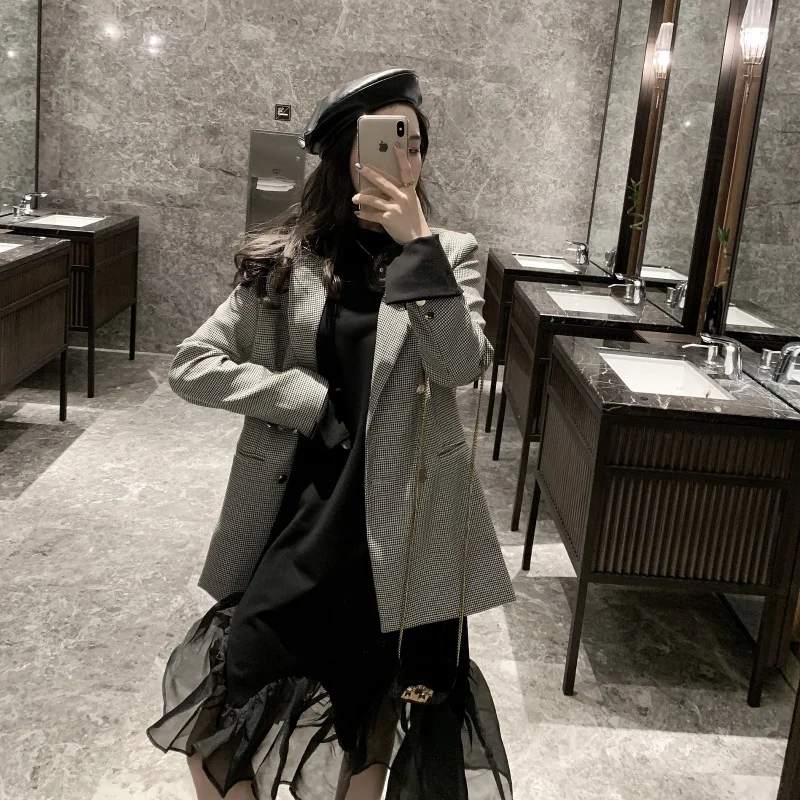 Elegant Hong Kong Style Retro Plaid Long Sleeve Suit Jacket Women's New Style Autumn Fashion Loose Leisure Suit Fashion