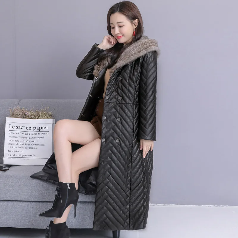 Новинка 2019 приталенная Длинная кожаная женская пуховая куртка Haining из меха норки