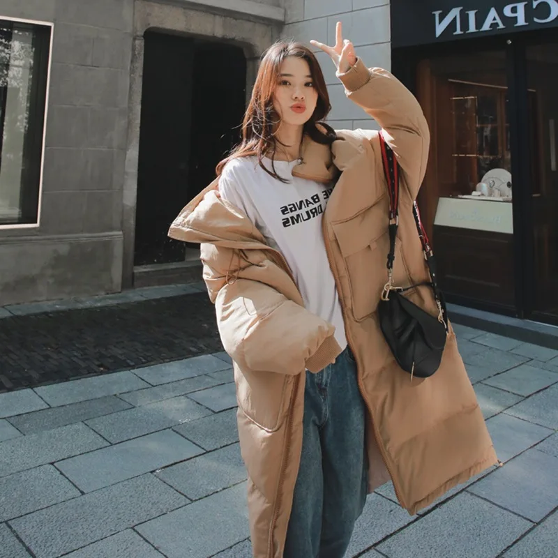 

Photo Shoot INS Large Pocket Sweetened Bean Paste Actor down Coat Loose-Fit Long Elegant Drawstring Stand Collar Cotton-padded C