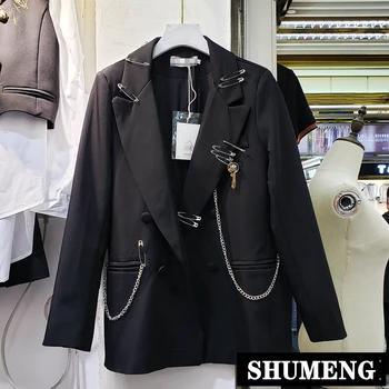 

Celebrity 2020 Spring New Fashion Chain Brooch Key Decoration Black Suit Coat OL Lady's Suit Blazers Casual Jackets