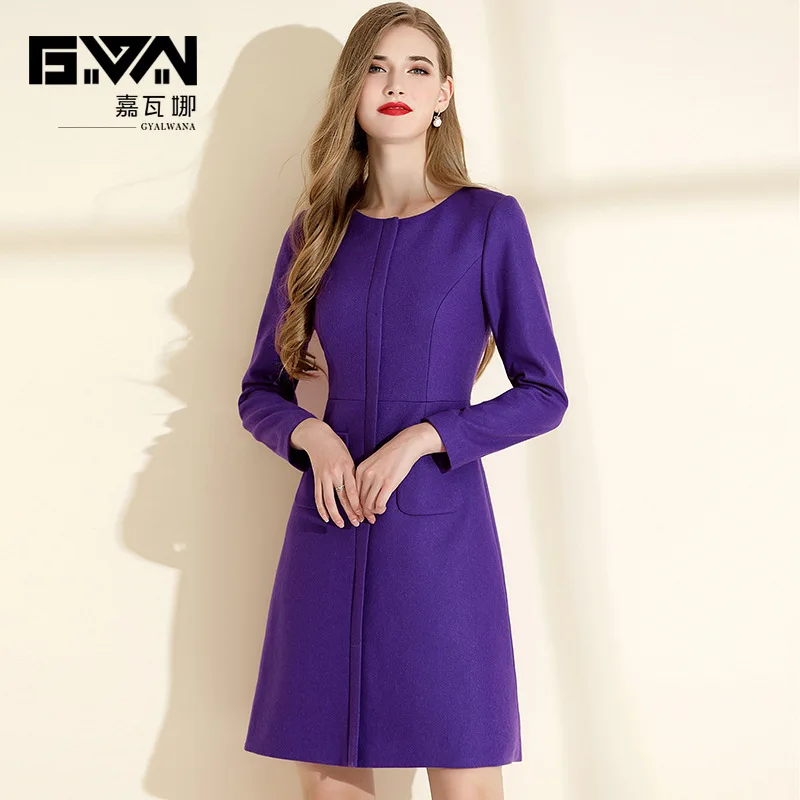 GYALWANA Winter Purple Dress Women Thick Woolen High End A-line Dress with 2 Pockets O-neck Long Sleeved Clothes for Christmas