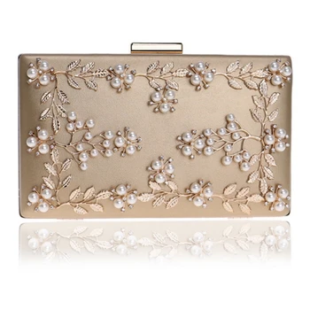

Women's Floral Pearl Beaded Evening Handbags Party Clutch Bridal Purse,Gold