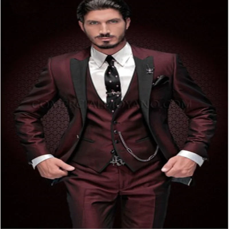 Wine Red Men's 3 Piece Satin Suit 