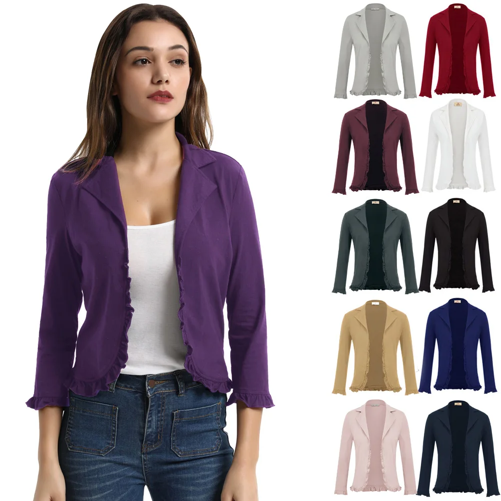 GK Women's Casual Short Coat Lapel Collar Open Front Ruffled Cotton Shrug Bolero Jackets Solid Slim Office Lady Daily Outerwear
