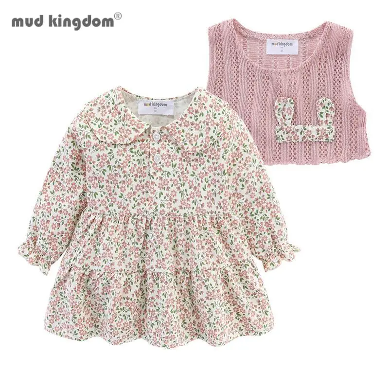 

Mudkingdom Bunny Ear Baby Girl Dress Outfit Floral 2Pcs Baby Girl Flower Dress Knit Vest Set Girls Quarter Button Dress Set