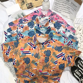 

Short Sleeve Hawaiian Printing Shirt Summer Casual Beach Blouse Tops for Couple