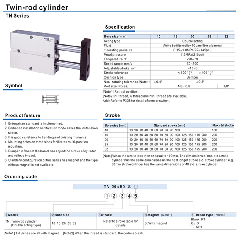 TN20 двухстержневой цилиндр TN размер отверстия двойного действия 20 мм ход 10-200 мм с магнитом пневматический цилиндр TN20X10S TDA20X30S
