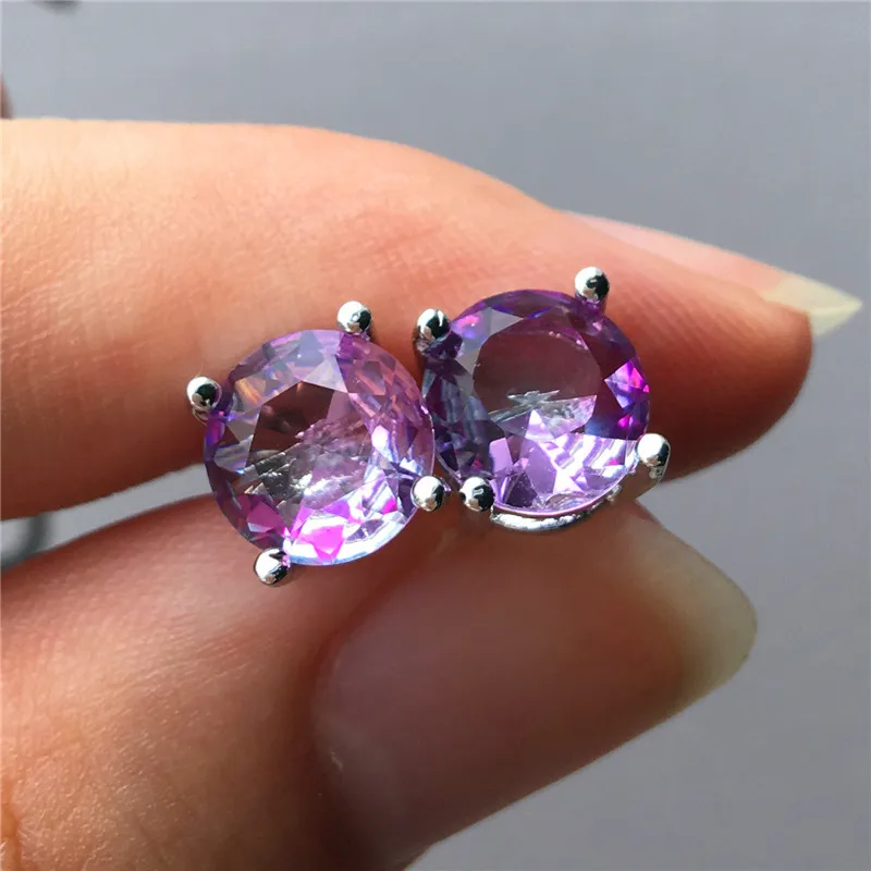 

Boho Mystery Fashion Female Blue Round Stud Earrings Fashion 925 Silver Wedding Jewelry Double Crystal Zircon Earrings For Women