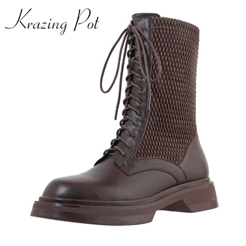

Krazing Pot patchwork cow leather round toe med heel winter shoes high street fashion vintage wild classic mid-calf boots L9f1