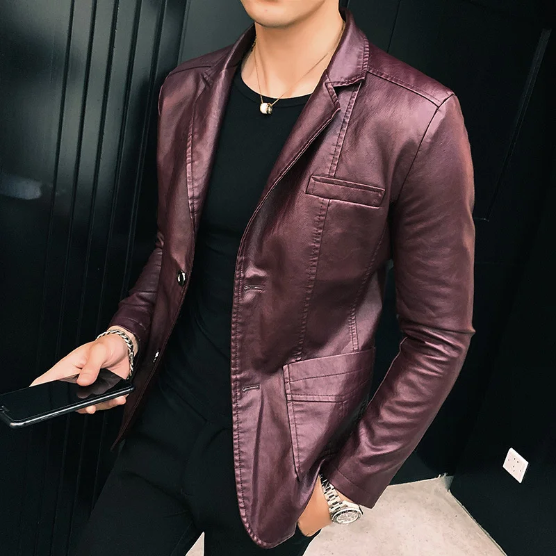 Autumn 2019 men's PU leather clothes youth slim fit suit collar jacket business casual coat | Мужская одежда
