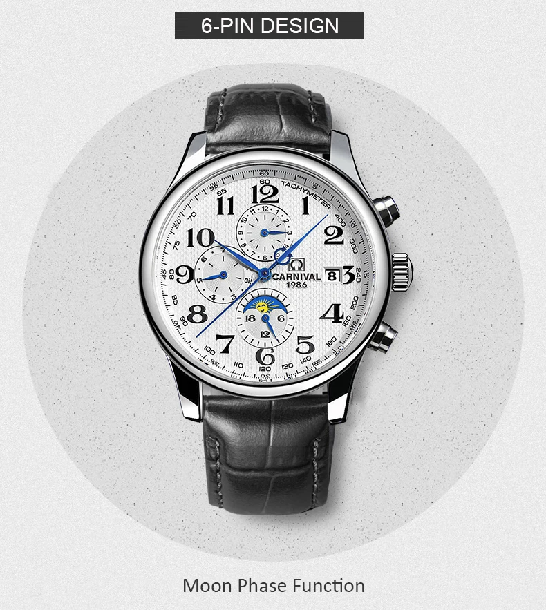Карнавал мужские многофункциональные автоматические механические часы мужские топ брендовые Роскошные деловые часы мужские часы с фазами наручные часы