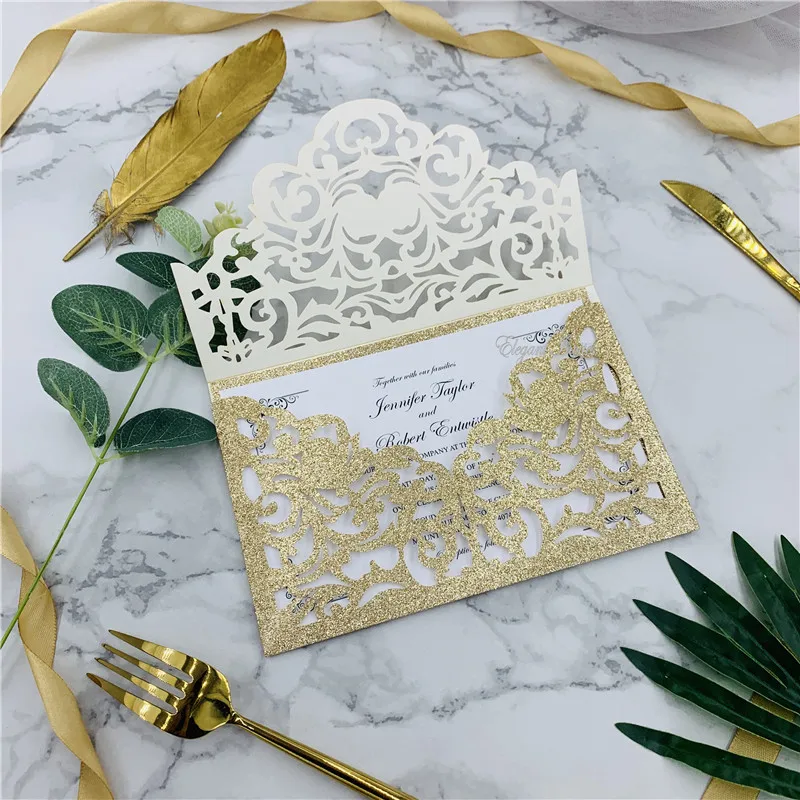 Glitter Rose Gold Сердечно приглашая-блестящая Роза Золотая Лазерная Резка рукава с классическим приглашением и блестящим задником, личные свадебные приглашения - Цвет: Glitter Rose Gold