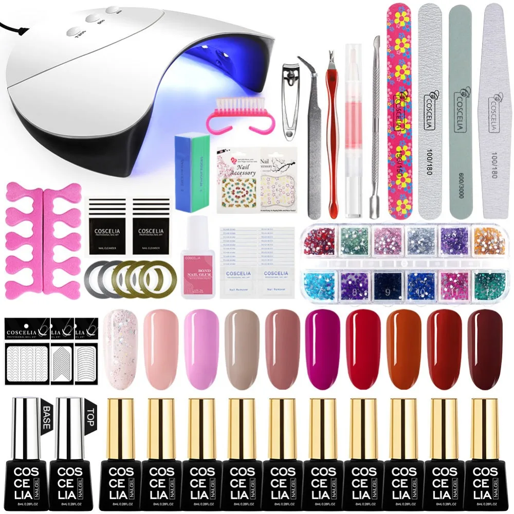 COSCELIA 36W UV LED Nail Lamp Full Nail Set With 10Pcs Nail Gel Polish Kit Soak Off Manicure Gel Polish For Nails Art Tools Set