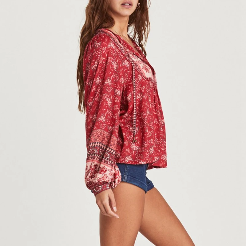 Everkaki блузки Топы женские Boho Цветочный Принт осенние шеи с завязками элегантные женские повседневные топ в цыганском стиле Блузки Рубашки женские Новинка